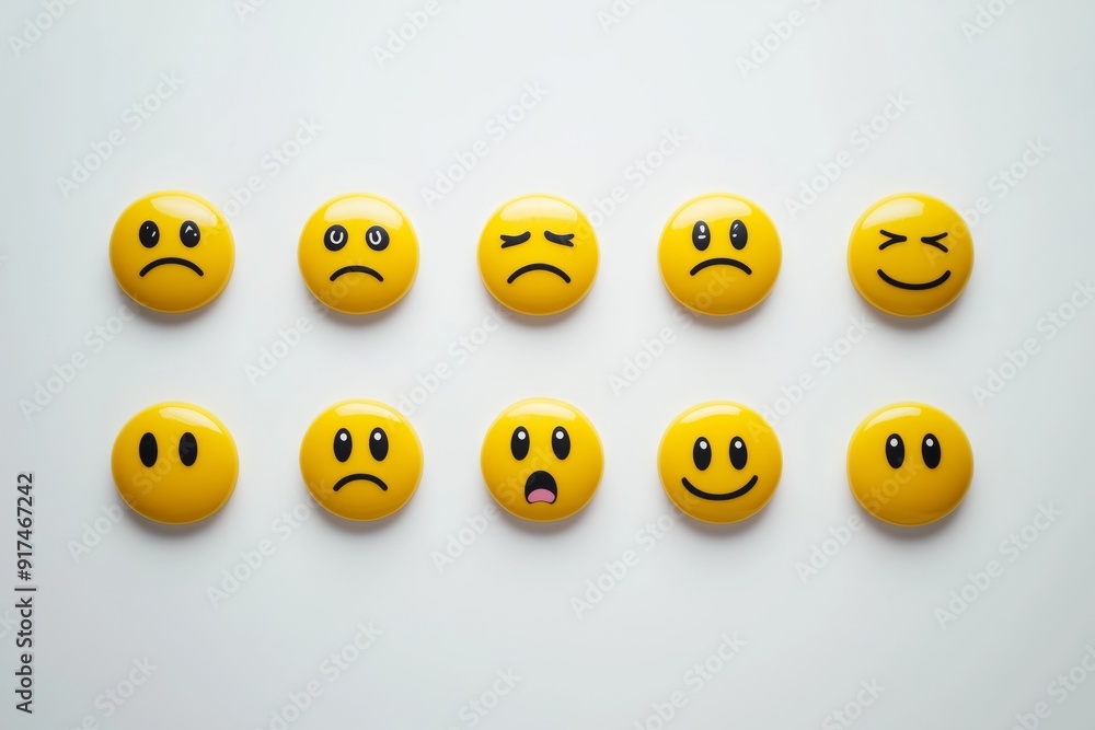 Obraz premium Set of Yellow Angry Unhappy Smiley Faces Emoji Emoticons Generative Illustration on Blank White