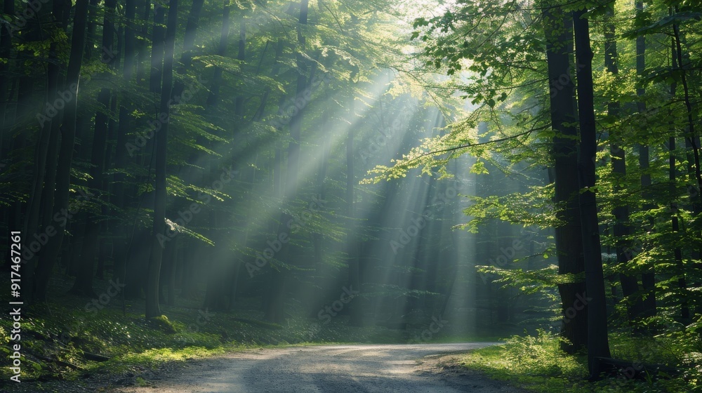 Obraz premium Sunlight Streams Through Trees Along a Forest Path in Morning Light