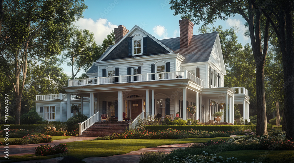 Obraz premium Split-Level Farmhouse with a Bonnet Roof in Wood Finish Capturing Rustic Charm