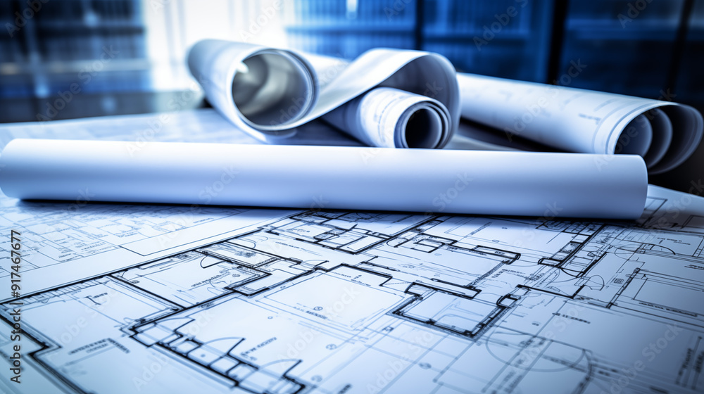 Architectural Blueprint Rolls on Technical Drawing Desk with Depth of ...
