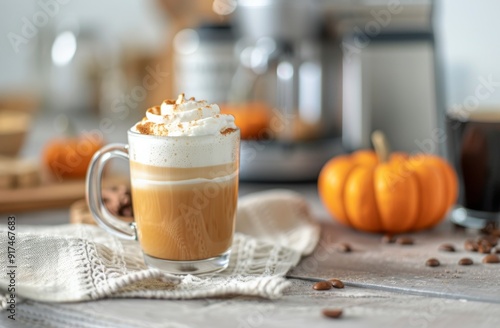 Pumpkin Spice Latte With Whipped Cream in Cozy Kitchen Setting During Autumn