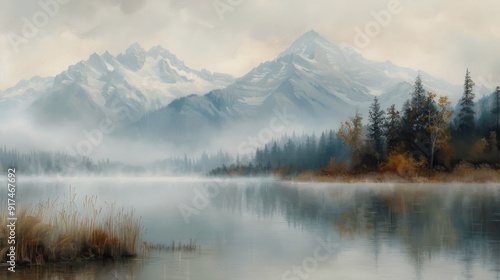 Snow-Capped Mountains Reflected in Tranquil Lake at Dawn