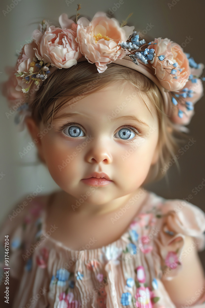 Baby with blue eyes, wearing a pink floral headband and dress Baby with blue eyes, wearing a pink floral headband and dress