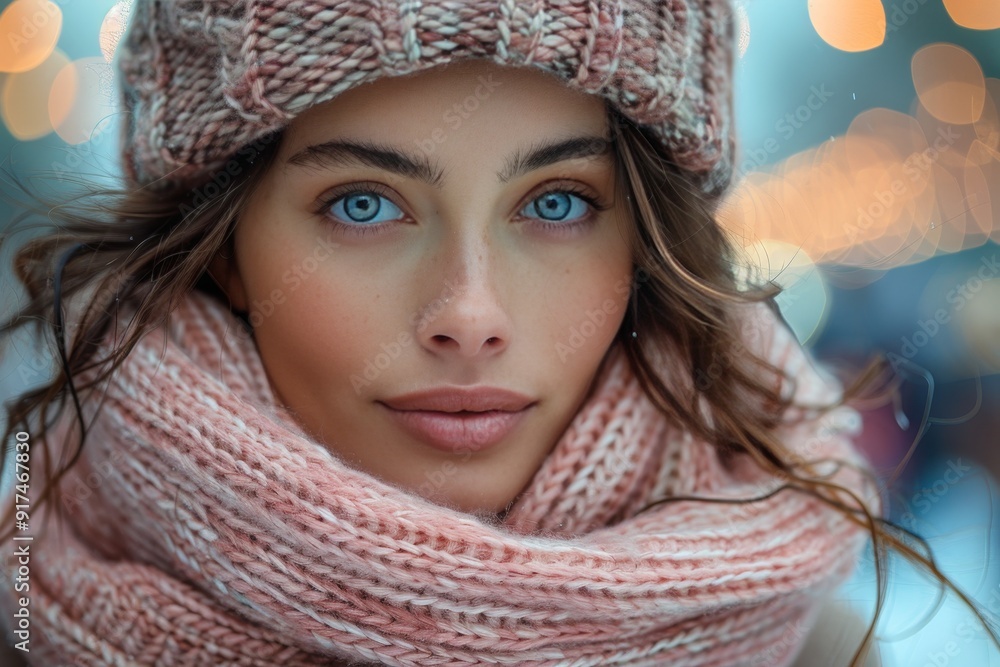 Cheerful woman in pink knit hat and scarf walking in city adorned with garlands, space for text Cheerful woman in pink knit hat and scarf walking in city adorned with garlands, space for text