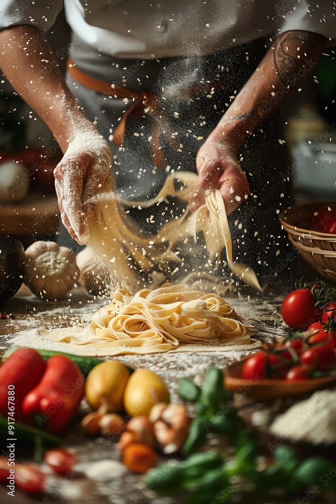 Chef rolling fresh pasta dough, flour flying, surrounded by vibrant vegetables on a kitchen counter Chef rolling fresh pasta dough, flour flying, surrounded by vibrant vegetables on a kitchen counter