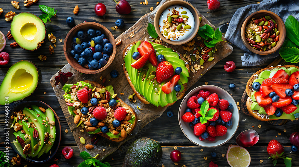 healthy food table top view featuring avocado toast, fresh fruits like strawberries and blueberries, bowls of yogurt with granola and nuts, directly above view, all arranged on a rustic wooden table. healthy food table top view featuring avocado toast, fresh fruits like strawberries and blueberries, bowls of yogurt with granola and nuts, directly above view, all arranged on a rustic wooden table.