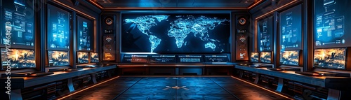 Hightech control room with large screens, world map display, bluetoned, futuristic ambiance photo