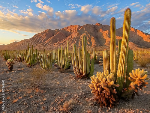 A desert landscape with many cacti and a mountain in the background. The sun is setting, casting a warm glow over the scene