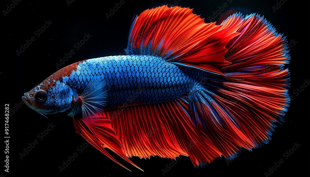 Vibrant red and blue Betta fish with flowing fins, gracefully swimming against a black background Vibrant red and blue Betta fish with flowing fins, gracefully swimming against a black background