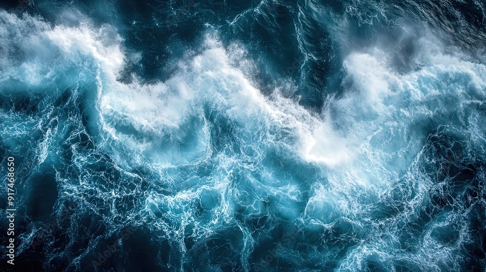 Obraz premium Detailed aerial photograph of turbulent waves in the Pacific Ocean, showcasing the powerful and chaotic nature of the waterâ€™s surface