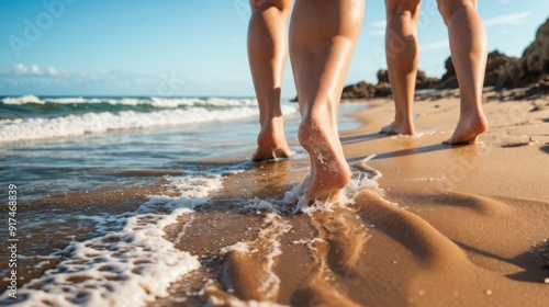 Barefoot individuals ambulate near a sandy beach splashing in the serene waves  photo