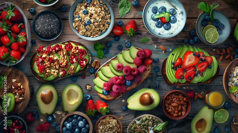 healthy food table top view featuring avocado toast, fresh fruits like strawberries and blueberries, bowls of yogurt with granola and nuts, directly above view, all arranged on a rustic wooden table. healthy food table top view featuring avocado toast, fresh fruits like strawberries and blueberries, bowls of yogurt with granola and nuts, directly above view, all arranged on a rustic wooden table.