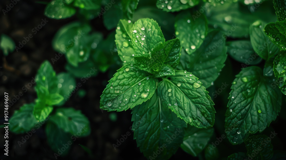 A photographic style of mint plants, lush green leaves, close-up view, dew on the leaves A photographic style of mint plants, lush green leaves, close-up view, dew on the leaves