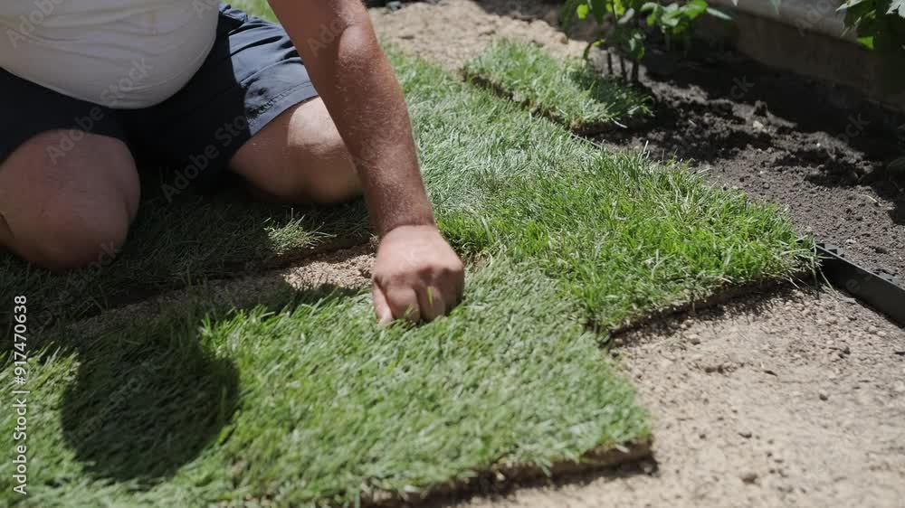 Gardener Laying a Roll of Natural Lawn Turf