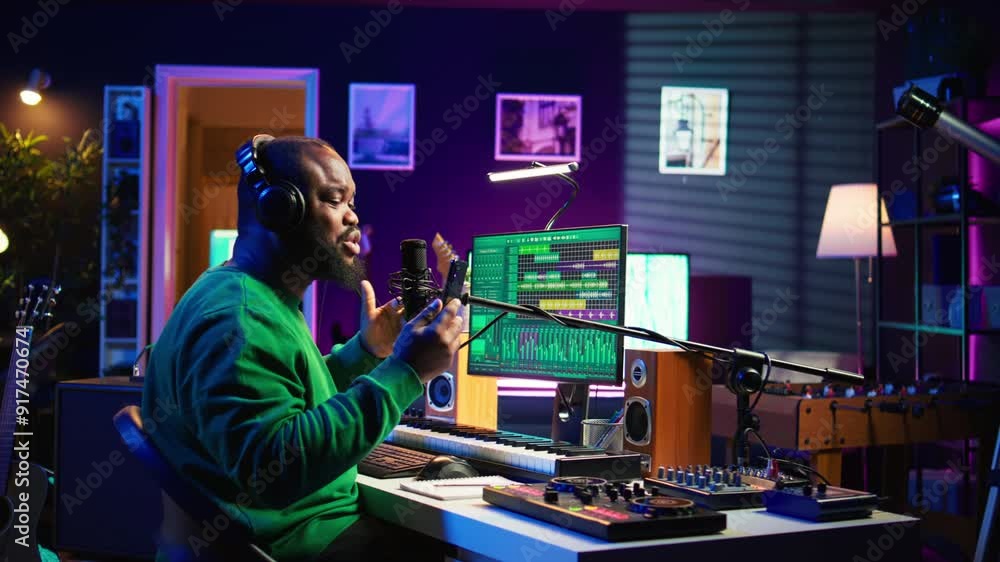 Male composer recording his melody on microphone in home studio, singing a song of his own creation. Talented artist using audio files and lyrics to apply mixing and mastering techniques. Camera B. Male composer recording his melody on microphone in home studio, singing a song of his own creation. Talented artist using audio files and lyrics to apply mixing and mastering techniques. Camera B.