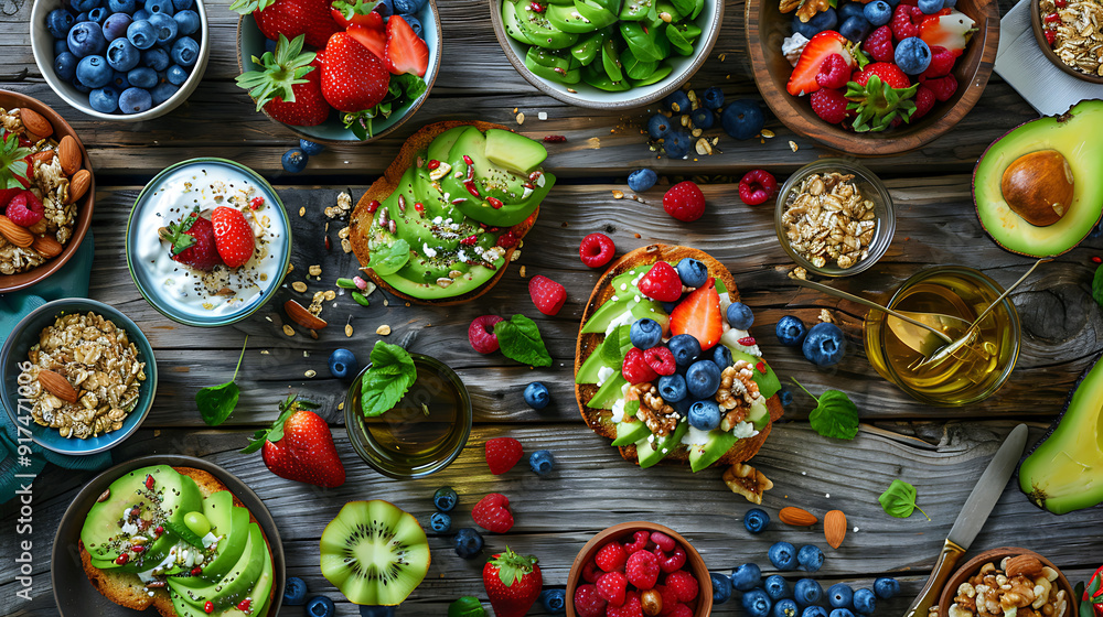 healthy food table top view featuring avocado toast, fresh fruits like strawberries and blueberries, bowls of yogurt with granola and nuts, directly above view, all arranged on a rustic wooden table. healthy food table top view featuring avocado toast, fresh fruits like strawberries and blueberries, bowls of yogurt with granola and nuts, directly above view, all arranged on a rustic wooden table.