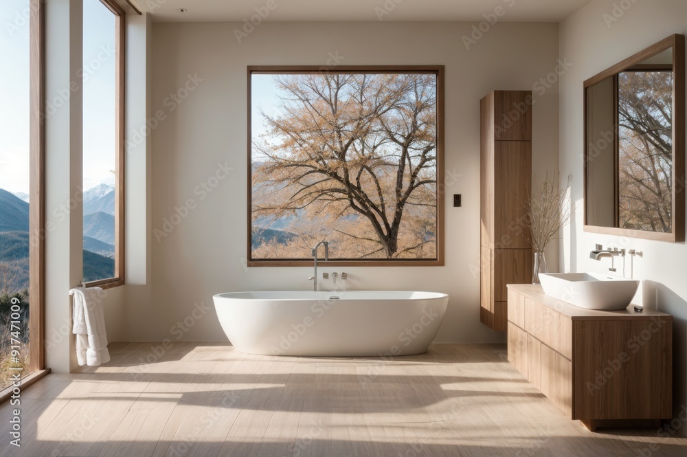 Fototapeta premium Calm Bath Atmosphere Standalone Tub, Tree Art, and Mountain Vistas 