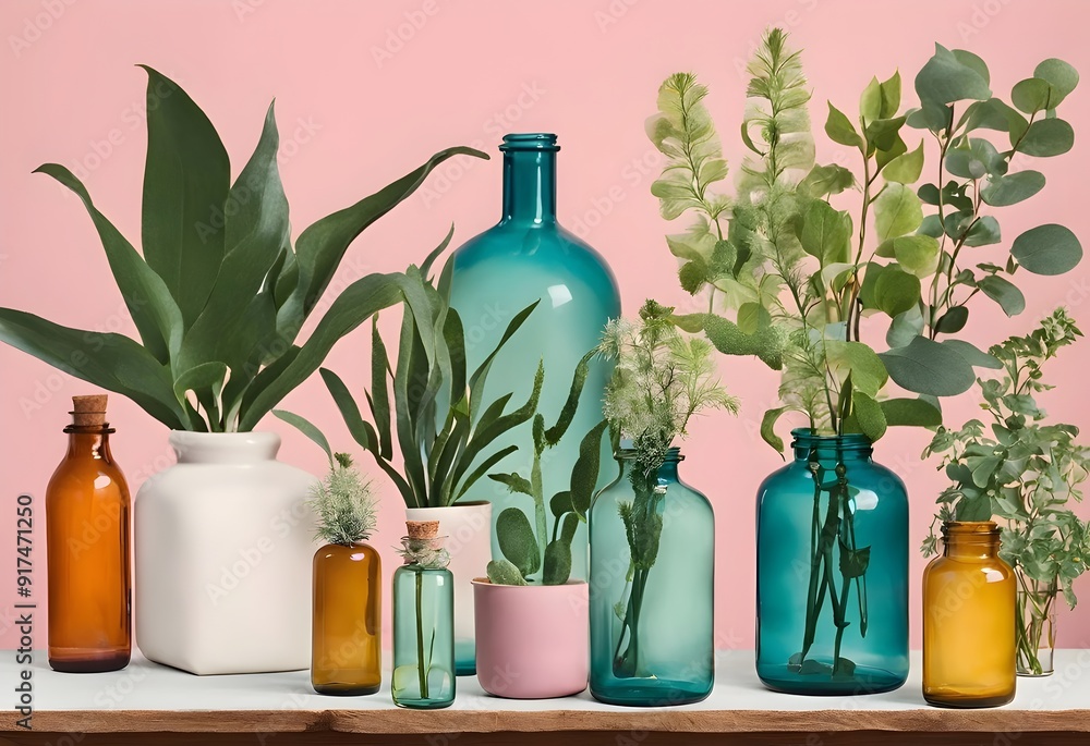 Colorful Botanical Bottles with Plants on a Table Colorful Botanical Bottles with Plants on a Table