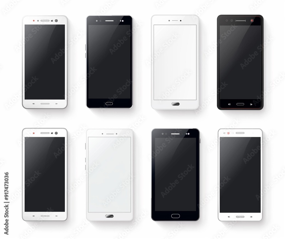 Realistic Illustration of Modern Smartphones in Various Designs and Colors with Blank Screens. Realistic Illustration of Modern Smartphones in Various Designs and Colors with Blank Screens.