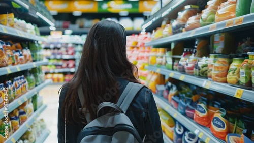 A woman in a supermarket browsing shelves of food and drinks.