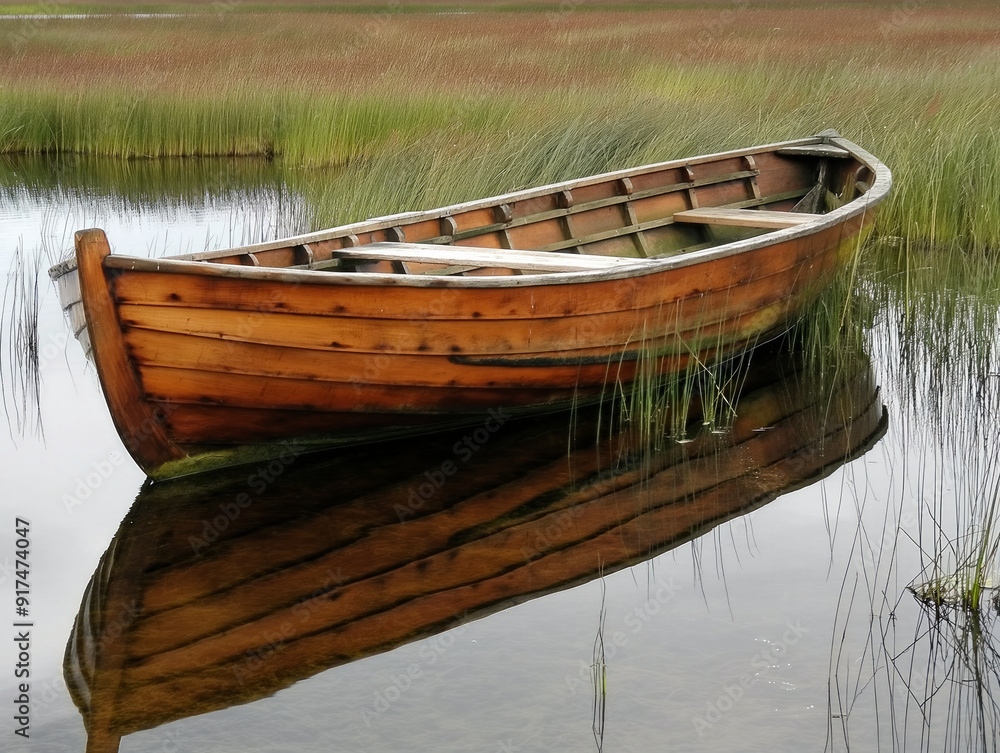 A small wooden boat is sitting in a lake. The water is calm and the boat is the only thing visible in the scene