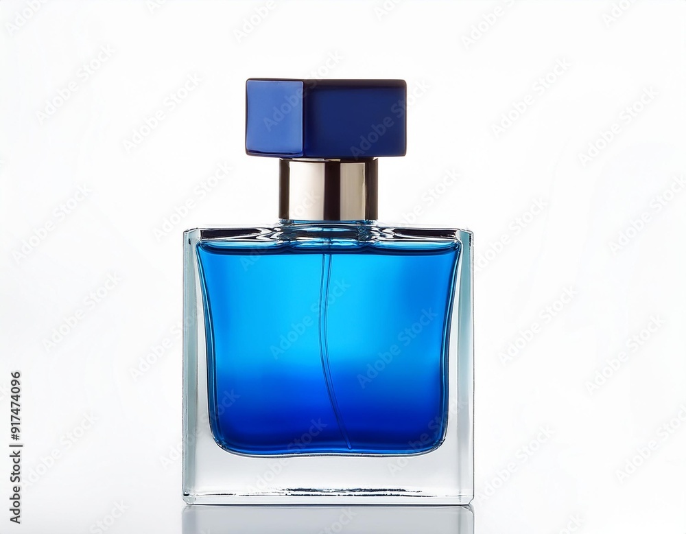 Blue bottle of perfume close up isolated on white background. Blue bottle of perfume close up isolated on white background.