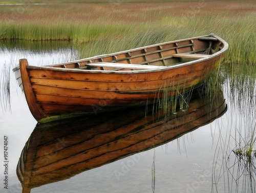 Obraz na płótnie A small wooden boat is sitting in a lake. The water is calm and the boat is the only thing visible in the scene w salonie