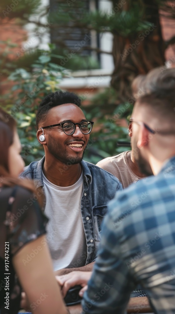 A group of people are sitting outside and one of them is smiling A group of people are sitting outside and one of them is smiling