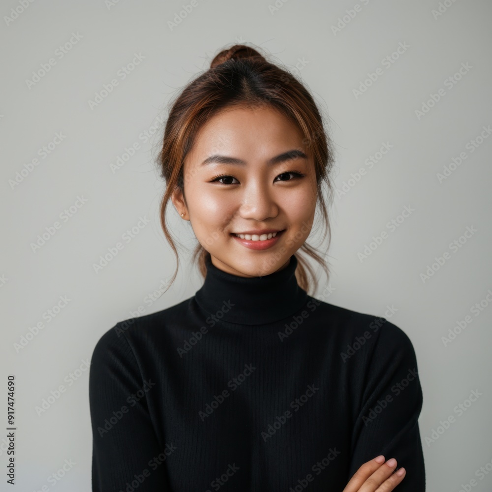 Confident young lady radiates warmth in chic black turtleneck clothing Confident young lady radiates warmth in chic black turtleneck clothing