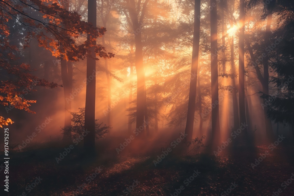 The sun's rays pierce through a dense forest during an autumn morning, casting an ethereal, dreamlike glow on the foliage. The sun's rays pierce through a dense forest during an autumn morning, casting an ethereal, dreamlike glow on the foliage.