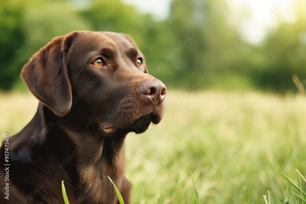 A brown dog looks into the distance while enjoying a sunny day outdoors, surrounded by green grass and open space. A brown dog looks into the distance while enjoying a sunny day outdoors, surrounded by green grass and open space.