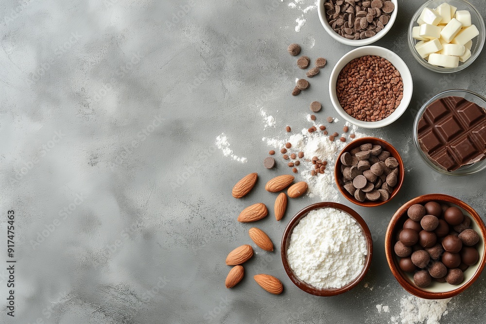 An assortment of baking ingredients, such as chocolate, nuts, and flour spread out on a gray textured background. An assortment of baking ingredients, such as chocolate, nuts, and flour spread out on a gray textured background.