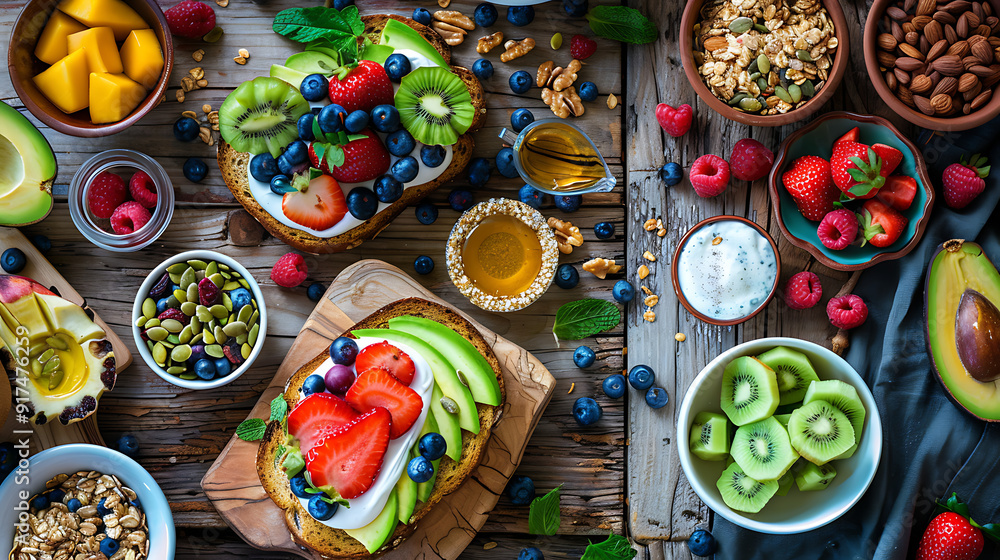 healthy food table top view featuring avocado toast, fresh fruits like strawberries and blueberries, bowls of yogurt with granola and nuts, directly above view, all arranged on a rustic wooden table. healthy food table top view featuring avocado toast, fresh fruits like strawberries and blueberries, bowls of yogurt with granola and nuts, directly above view, all arranged on a rustic wooden table.