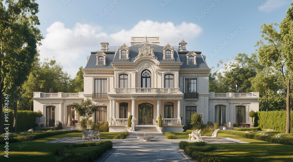 Obraz premium Two-Story Manor with a Pyramid Roof in Plaster Detailing Capturing Classical Elegance