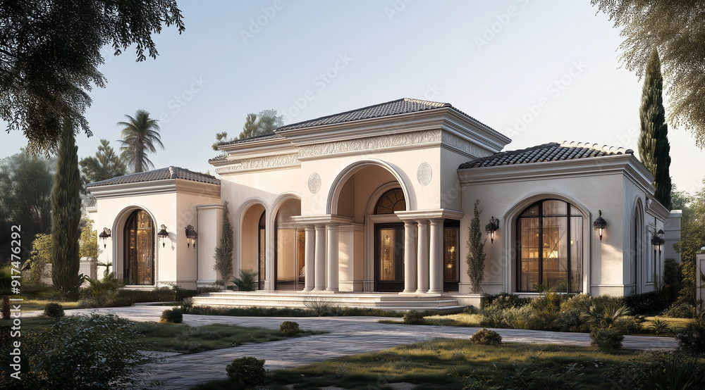 Obraz premium Elegantly Designed One-Level Villa with a Pyramid Roof in Stucco Finish