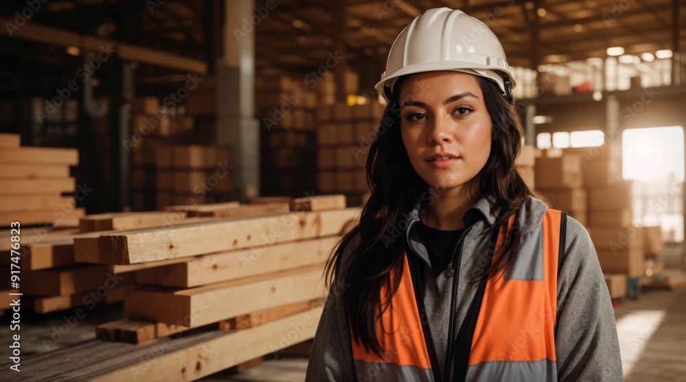 Determined lady in safety attire by woodpile inside warehouse Determined lady in safety attire by woodpile inside warehouse