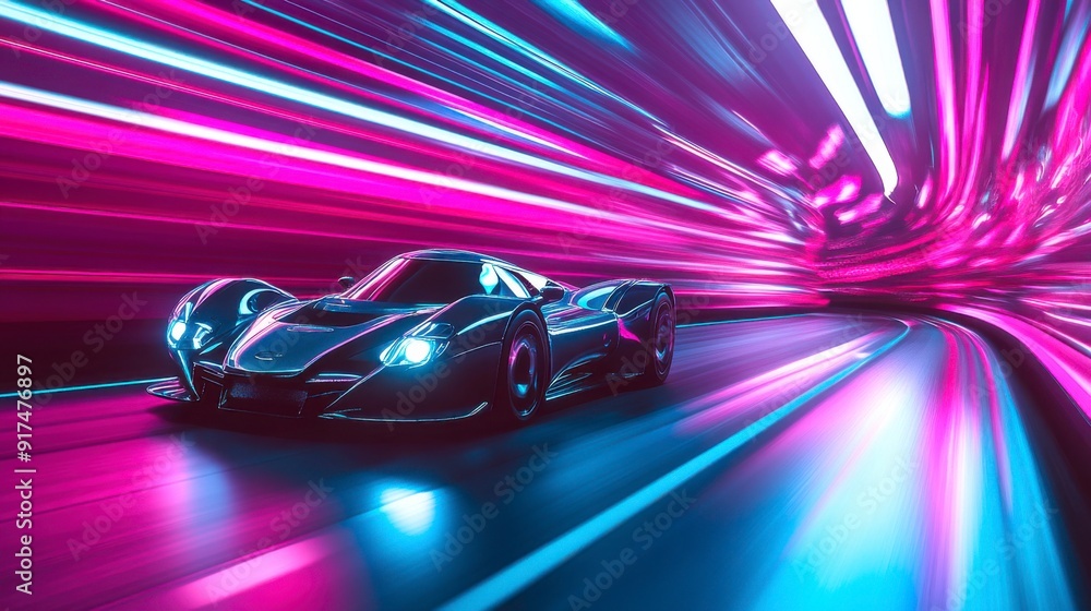 A futuristic sports car races down the neon highway of a nighttime city A futuristic sports car races down the neon highway of a nighttime city