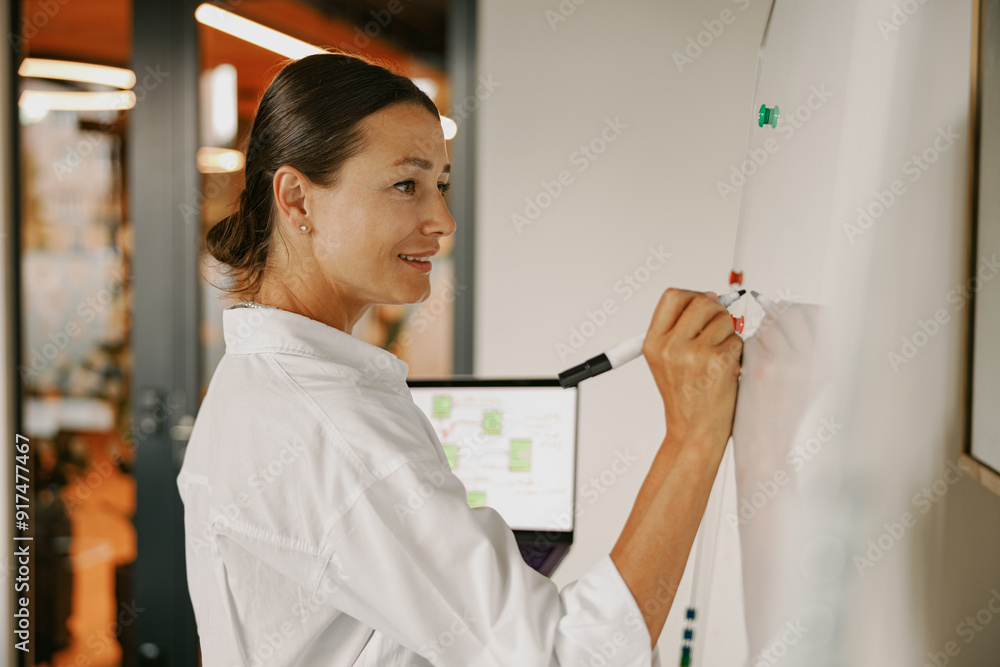 A Professional Woman Engaged in Writing Ideas on a Whiteboard in a Modern Office Setting A Professional Woman Engaged in Writing Ideas on a Whiteboard in a Modern Office Setting