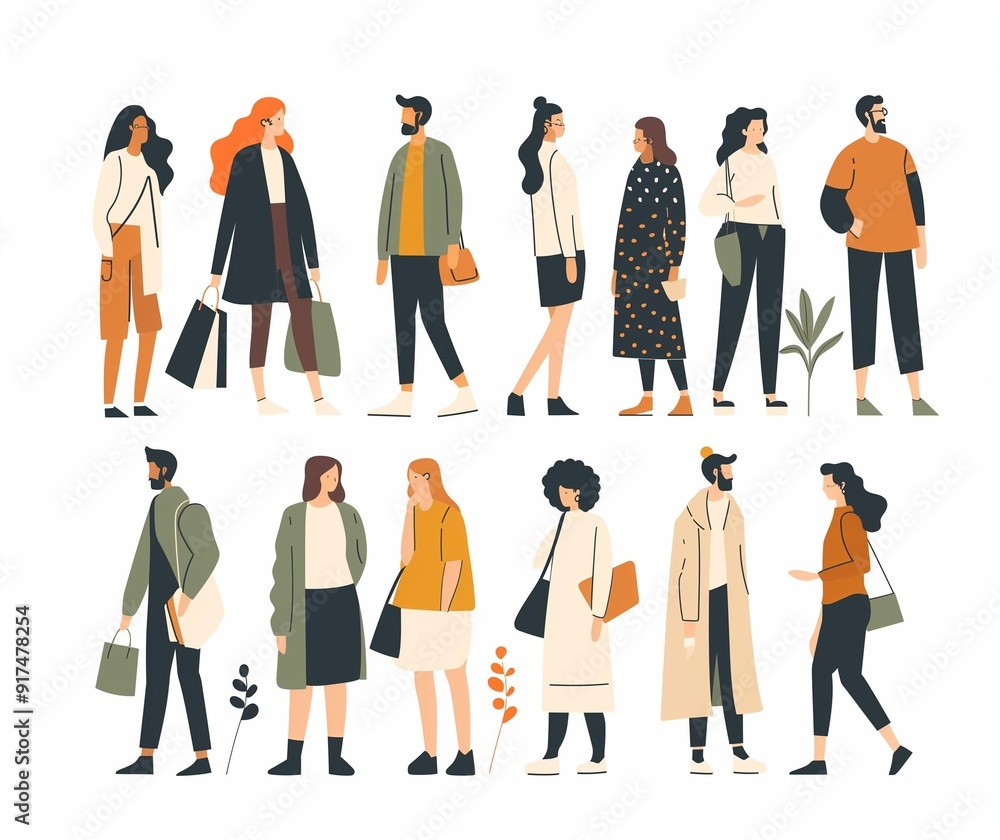 Modern Flat Design Illustration of Diverse People Walking and Shopping in Casual Outfits Modern Flat Design Illustration of Diverse People Walking and Shopping in Casual Outfits