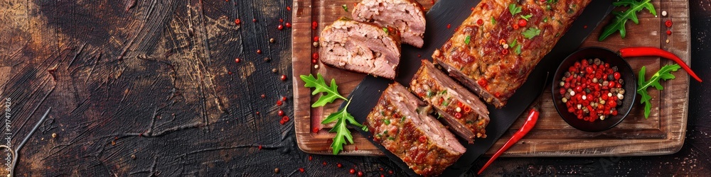 Sliced beef meatloaf with spicy salt and red peppers on a cutting board Gourmet meat selection Overhead view with space for text Sliced beef meatloaf with spicy salt and red peppers on a cutting board Gourmet meat selection Overhead view with space for text