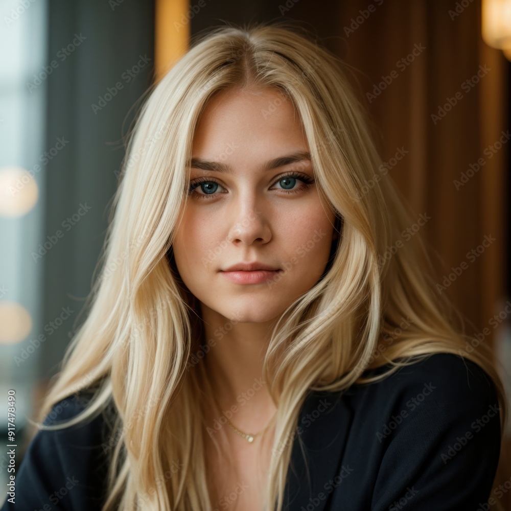 Fototapeta premium Expressive female with long blonde hair confidently peers into camera