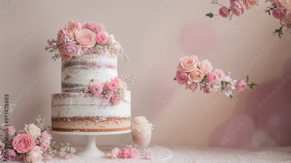 Exquisitely adorned cake showcasing delicate flowers and gentle pastel tones Exquisitely adorned cake showcasing delicate flowers and gentle pastel tones