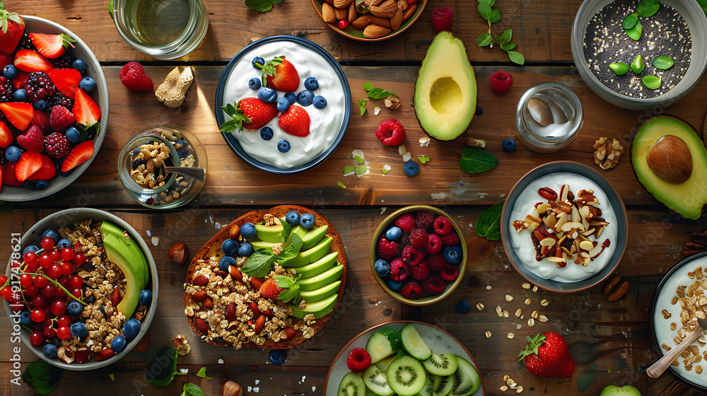 healthy food table top view featuring avocado toast, fresh fruits like strawberries and blueberries, bowls of yogurt with granola and nuts, directly above view, all arranged on a rustic wooden table. healthy food table top view featuring avocado toast, fresh fruits like strawberries and blueberries, bowls of yogurt with granola and nuts, directly above view, all arranged on a rustic wooden table.