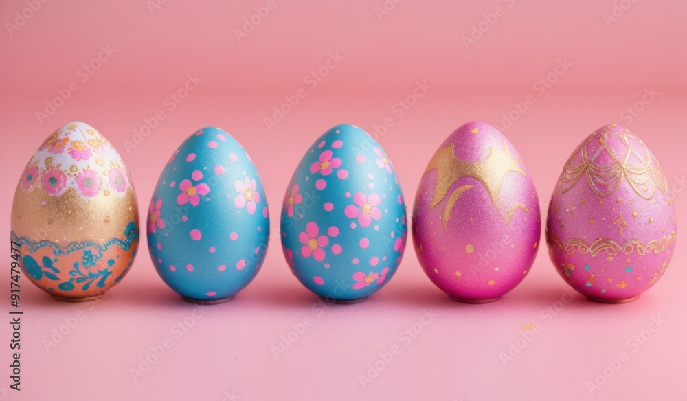 Festive display of Easter eggs arranged against a pink background Festive display of Easter eggs arranged against a pink background