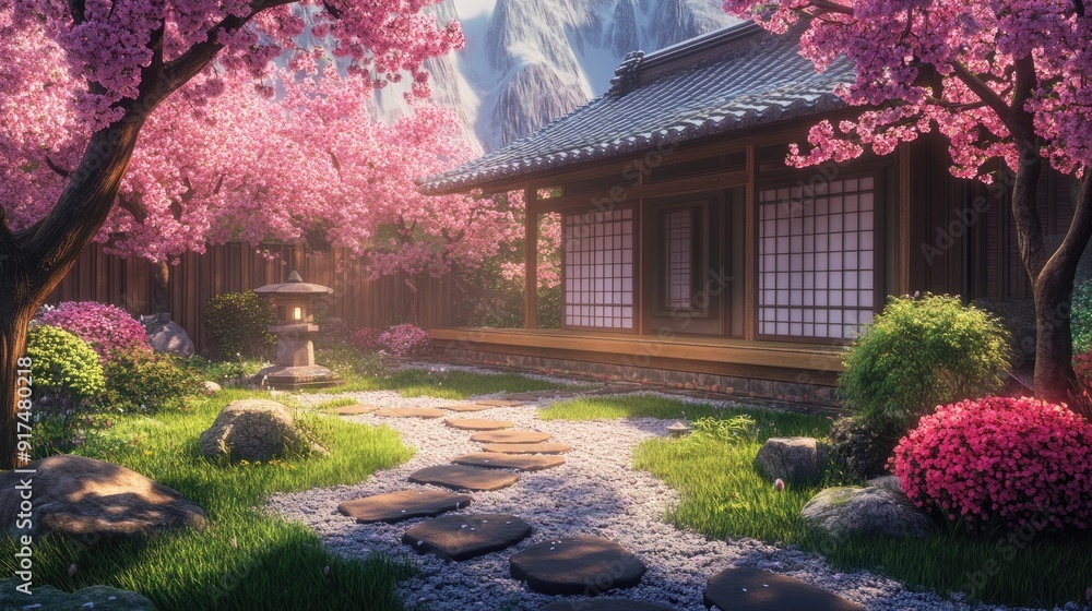A cozy backyard with a traditional Japanese house, cherry blossom trees, and a zen rock garden in anime style A cozy backyard with a traditional Japanese house, cherry blossom trees, and a zen rock garden in anime style