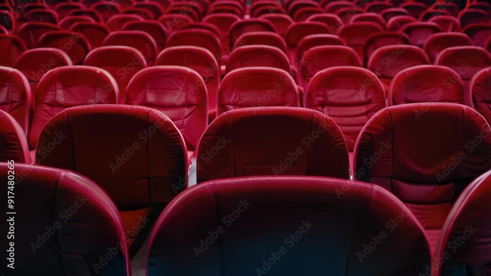 The interior of a theatre or auditorium, with multiple empty red chairs arranged in rows. The view is from the back looking towards the stage. The interior of a theatre or auditorium, with multiple empty red chairs arranged in rows. The view is from the back looking towards the stage.
