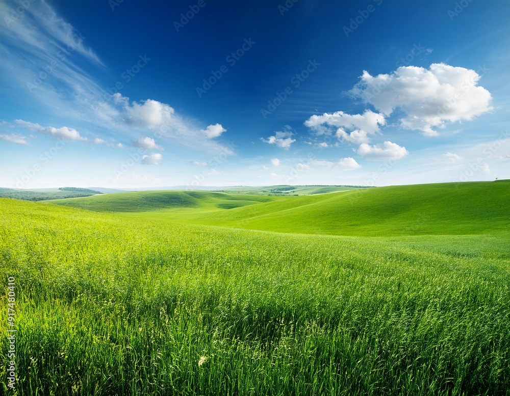 Green Field With Blue Sky Background - Serene Nature Landscape Photo Green Field With Blue Sky Background - Serene Nature Landscape Photo