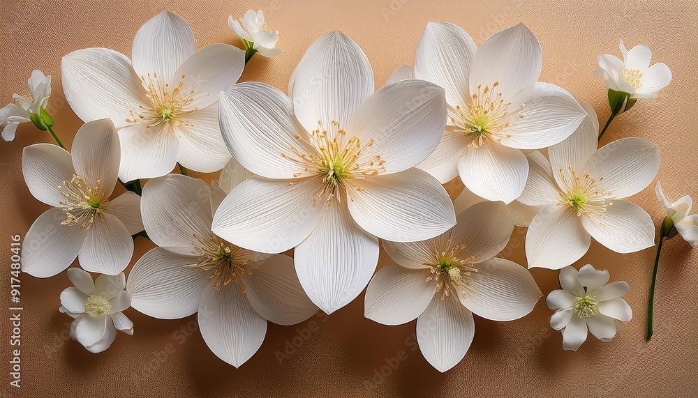 A close-up image of white flowers on a tan background. The flowers have five petals and are arranged in a cluster A close-up image of white flowers on a tan background. The flowers have five petals and are arranged in a cluster