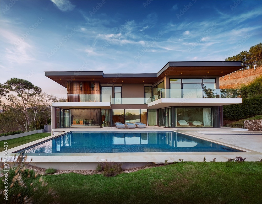 A large modern house with a pool in front of it A large modern house with a pool in front of it