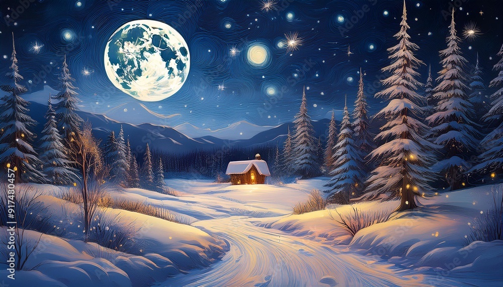 Naklejka premium A painting depicting a winter scene with snow covering the ground under a starlit sky. A full moon shines brightly, casting a soft glow over the serene landscape.